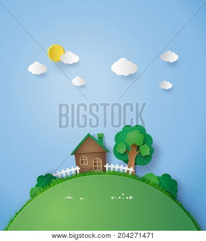 Little house on the hill with green grass and trees blue sky with sun and cloudpaper art and craf style.