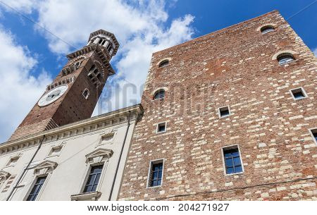 Verona Northern Italy. Lamberti Tower (Torre dei Lamberti). Popular touristic european destination. Verona city view.