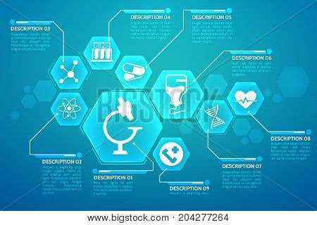 Medical blue background poster with treatment and science symbols flat vector illustration