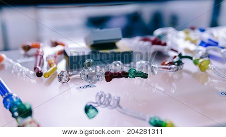 Glass Bongs For Smoking Weed Close-up Soft Focus. Smoking Accessories Marijuana