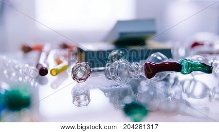 Glass Bongs For Smoking Weed Close-up Soft Focus. Smoking Accessories Marijuana