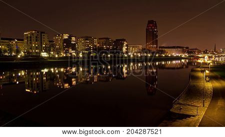 Frankfurt by the river at night in Ostend region.