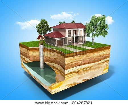 Water Well System The Image Depicts An Underground Aquifer 3D Render On Blue