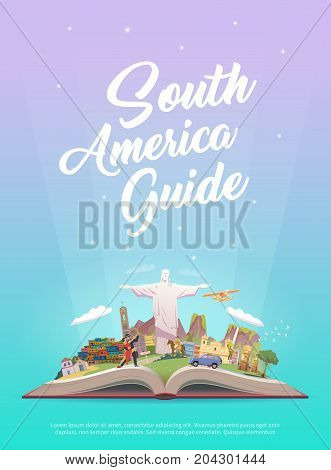 Travel to South America. Road trip. Tourism. Open book with landmarks. South America Travel Guide. Advertising web illustration. Summer vacation. Travelling banner. Modern flat design.