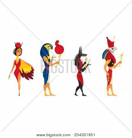 Set of ancient Egypt gods - Anubis, Ru, Horus and Hathor, flat cartoon vector illustration isolated on white background. Anubis, Ru, Horus and Hathor, ancient Egyptian gods, full length portrait set