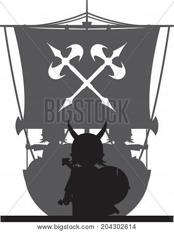 Cute Cartoon Viking and Longship Scene Illustration