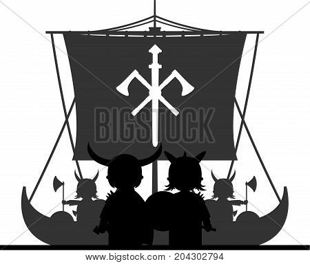 Cute Cartoon Viking and Longship Scene Illustration