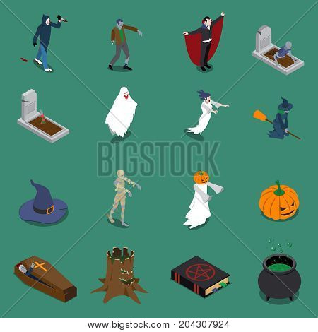 Monster halloween isometric icon set with elements and attributes of scariest day of all year vector illustration