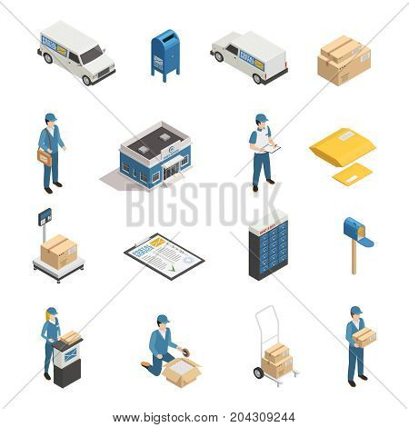 Postal mail shipping service isometric icons set with post office parcels mailman and postoffice box isolated vector illustration
