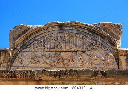 Close-up reliefs on temple of Hadrian in Ephesus, Turkey
