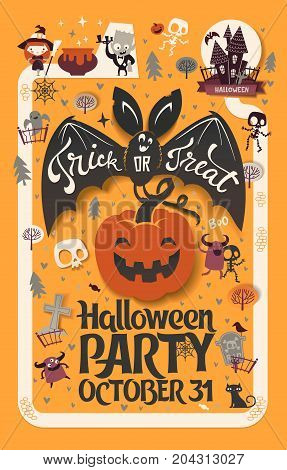 Holiday Happy Halloween flyer template with funny cartoon smiling bat with spread wings and Trick or Treat lettering carrying carved Halloween pumpkin against orange background
