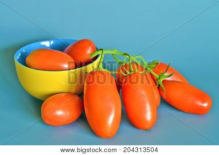 Tomatoes San Marzano, Campania, italy

Group of tomatoes San Marzano, bunch cluster, still life on gray-blue background