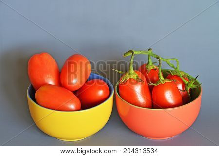 Tomatoes San Marzano, Campania, italy

Group of tomatoes San Marzano, bunch cluster, still life on gray-blue background