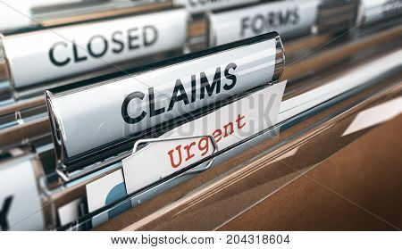 3D illustration of a folder Focus on tab and note with the text claims and urgent. Concept of complaints management