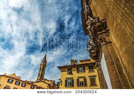 Badia Fiorentina steeple and Museo del Bargello in Florence Italy