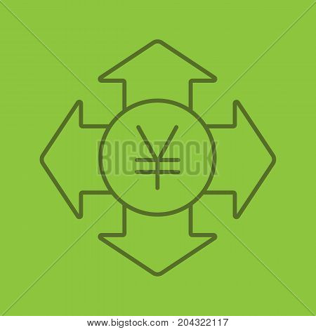 Money spending linear icon. Expanses. Japanese yen with all direction arrows. Thin line outline symbols on color background. Vector illustration