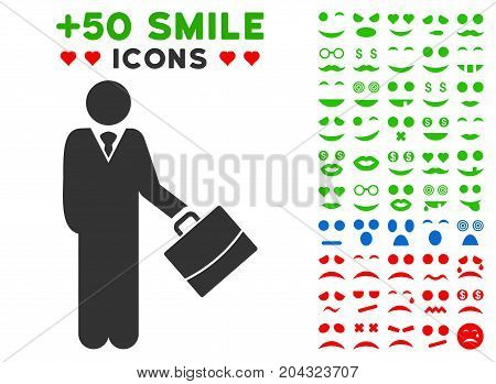 Standing Businessman icon with colored bonus emoticon pictograms. Vector illustration style is flat iconic elements for web design, app user interfaces, messaging.