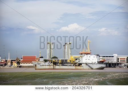 Logistic Ship Stop Wait Water Level Up At Estuary Of Chao Phraya River At Amphoe Phra Samut Chedi