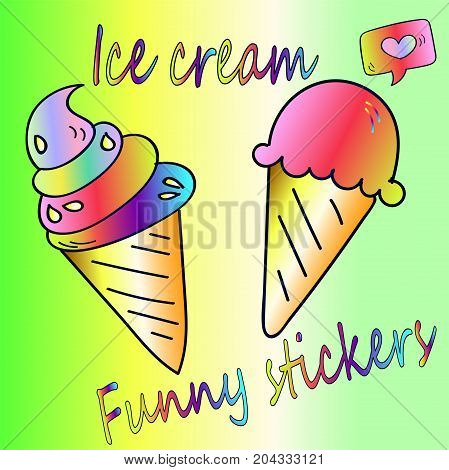 bright stickers two ice cream/ two frozen in a waffle horn - a delicious dessert. Neon sticker - close-up - pop art style. Bright food poster
