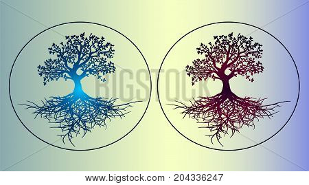 Two gradient sticker - the tree of life. Beautiful, detailed sketch with author's gradient