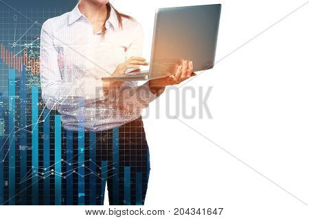 Unrecognizable woman holding laptop on abstract white night city background with forex chart. Finance concept. Double exposure