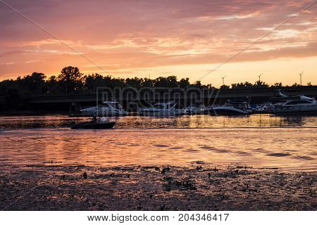 Sunset on the river boat on the river