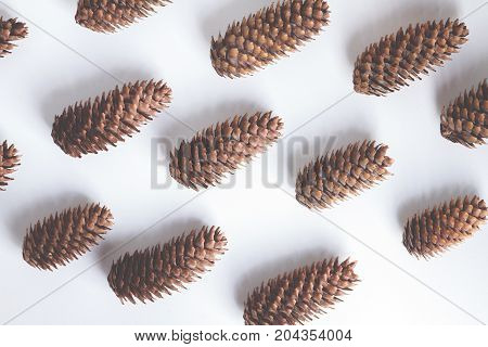 Natural cone composition pattern on white. Flat lay top view. Christmas pattern background wallpaper. New Year arrangement. toned