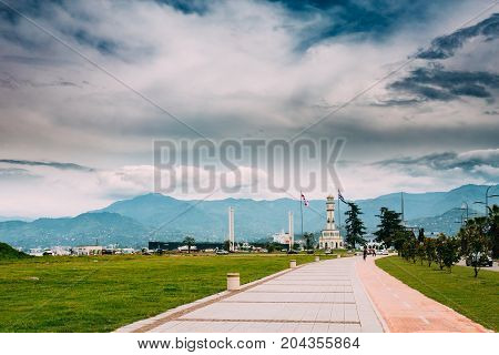 Batumi, Adjara, Georgia. Walkway To Chacha Tower. Local Landmark. The Tower Is Surrounded By 4 Fountain Pools With Chacha. Chacha Is A Grape Brandy Or Grappa.