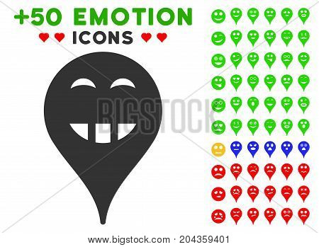 Laugth Smiley Map Marker icon with bonus facial pictograph collection. Vector illustration style is flat iconic symbols for web design, app user interfaces.