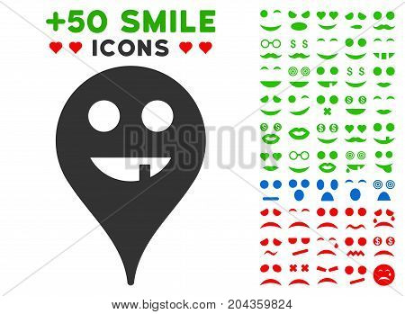 Toothless Smiley Map Marker icon with bonus avatar pictograph collection. Vector illustration style is flat iconic elements for web design, app user interfaces.