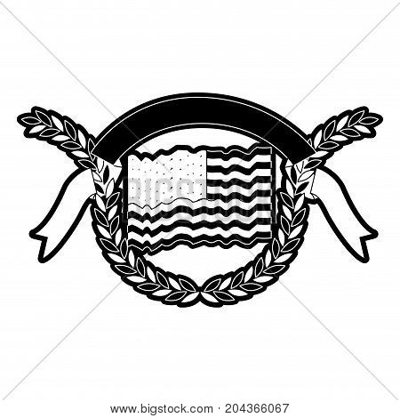 united states flag with circular olive branch edge and ribbon on top entrelace in monochrome silhouette vector illustration
