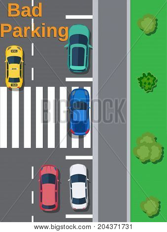 City parking lot with different cars. Shortage parking spaces. Bad or wrong car parking. Traffic regulations. Rules of the road. Vector illustration in flat style