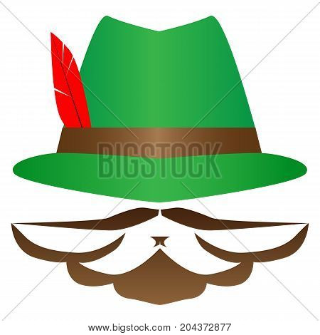 Green German Alpine Octoberfest hat with red feathers. Hunter hat with feather. Traditional Bavarian hunting hat with feather and sign  moustache, bearder. Octoberfest symbol. Colorful vector illustration.