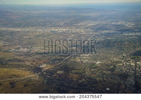 Aerial View Of Brea And Fullerton, View From Window Seat In An Airplane