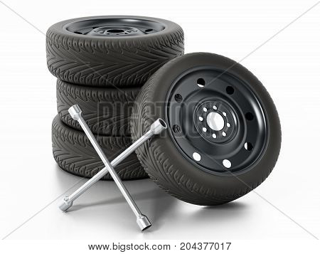 Spare car tyres and wheel nut wrench isolated on white background. 3D illustration.