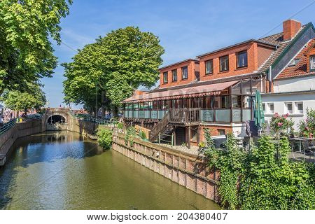 GREETSIEL, GERMANY - JULY 18, 2017: Restaurant at the canal in Greetsiel, Germany