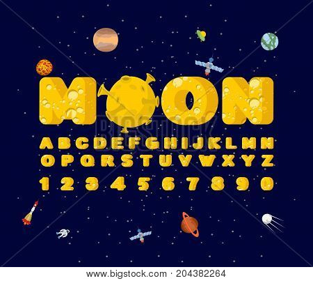 Moon font. Yellow letters of moon texture. Vector alphabet