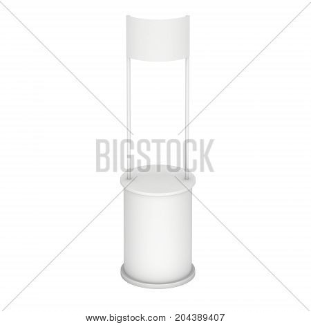 Stall or Kiosk Modern Promostand Reception Desk. Trade show booth white and blank. 3d render illustration isolated on white background. Template mockup for your expo design.