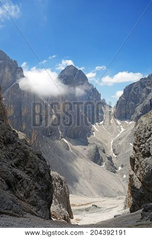 View of from Catinaccio d'Antermoia summit, the highest mountain of Catinaccio group, Dolomites, Trentino, South Tyrol, Italy