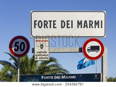 FORTE DEI MARMI, ITALY - AUGUST 25 2015: Forte dei Marmi city board in Italy Tuscany