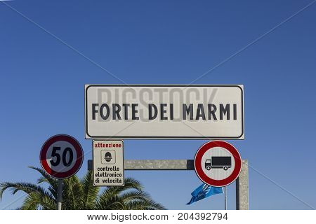 FORTE DEI MARMI, ITALY - AUGUST 25 2015: Forte dei Marmi city board in Italy Tuscany