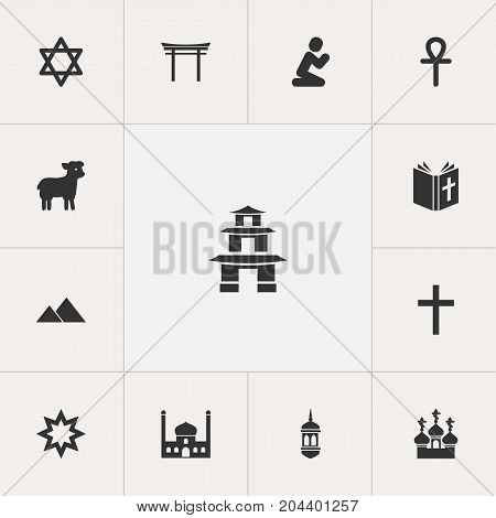 Set Of 13 Editable Faith Icons. Includes Symbols Such As Religious Sewn, Chapel, Shinto And More
