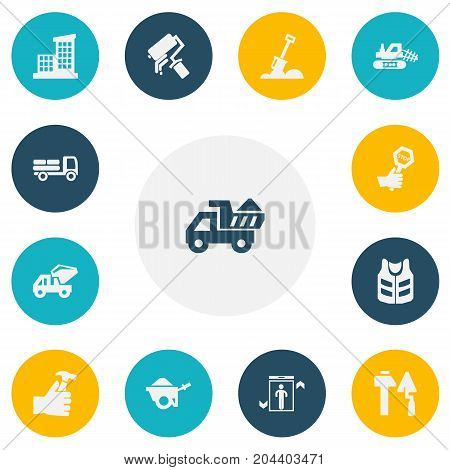 Set Of 13 Editable Construction Icons. Includes Symbols Such As Elevation, Oar, Mallet And More