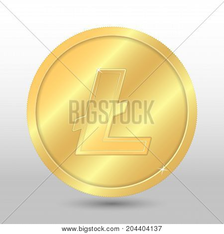 Gold Vector Litecoin Coin On A Gray Background. Virtual Currency