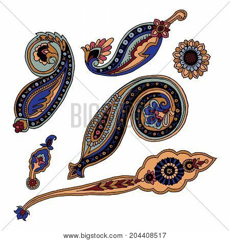 Vector set of colorful paisley elements. Russian, Indian, Persian traditional motives on white background. For your design.