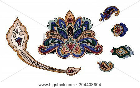 Set of colorful vector paisley elements.  traditional motives of Russia, India, Persia on white background. For your design.