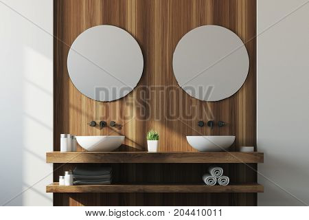 Wooden And White Bathroom, Double Sink