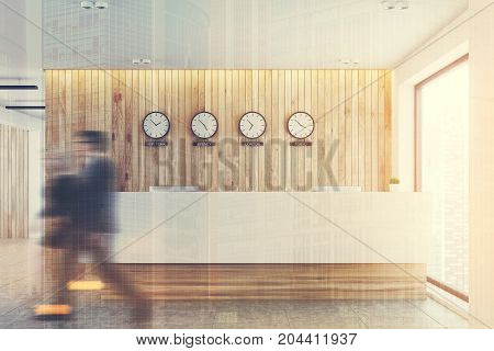 Reception Table, World Time Clocks, Wood, Toned