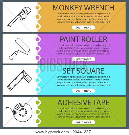 Construction tools web banner templates set. Monkey wrench, paint roller, set square, adhesive tape. Website color menu items with linear icons. Vector headers design concepts