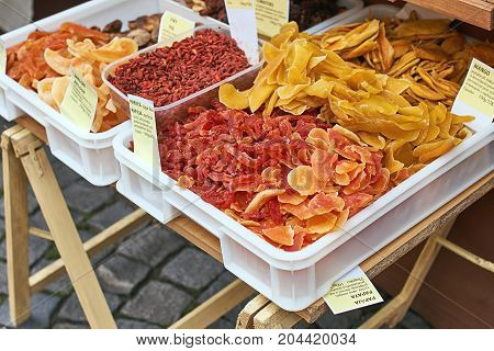 Dried papaya, melons, fig fruits, mango and other succades being sold on the street